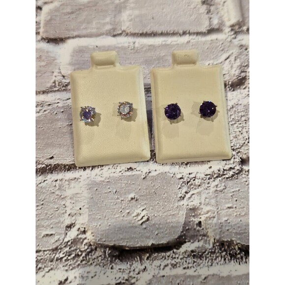 Two Pairs CZ Stud Sterling Silver Earrings - Picture 1 of 4